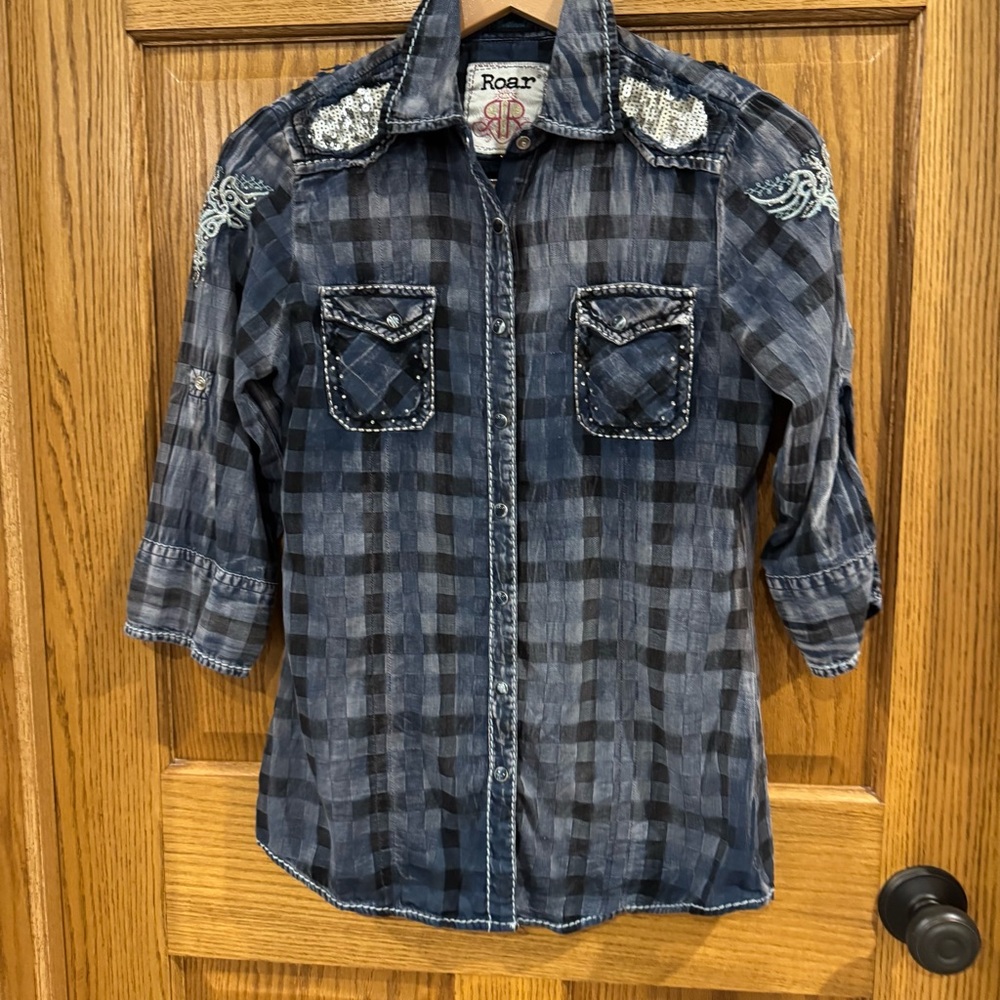 Roar Embellished Plaid Button Up Shirt Medium Y2K Grunge Western